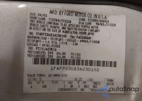 2003 Ford Taurus Se из США, поврежденный, VIN 1FAFP53U83A230150